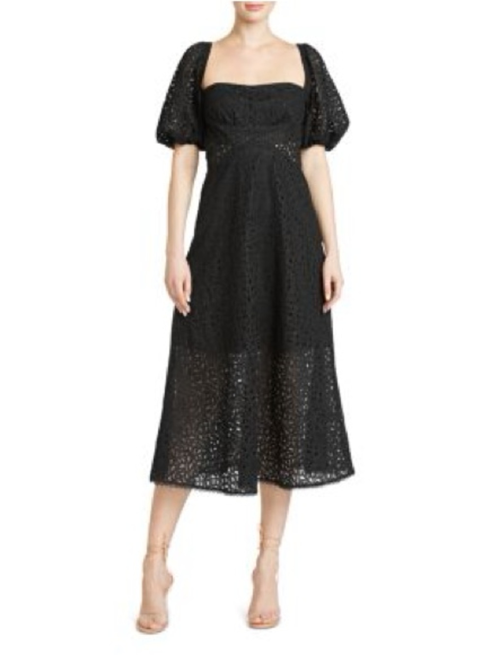 Monique Lhuillier Lace Puff Sleeves Midi Dress Sweetheart Neckline Formal Black - Picture 2 of 9